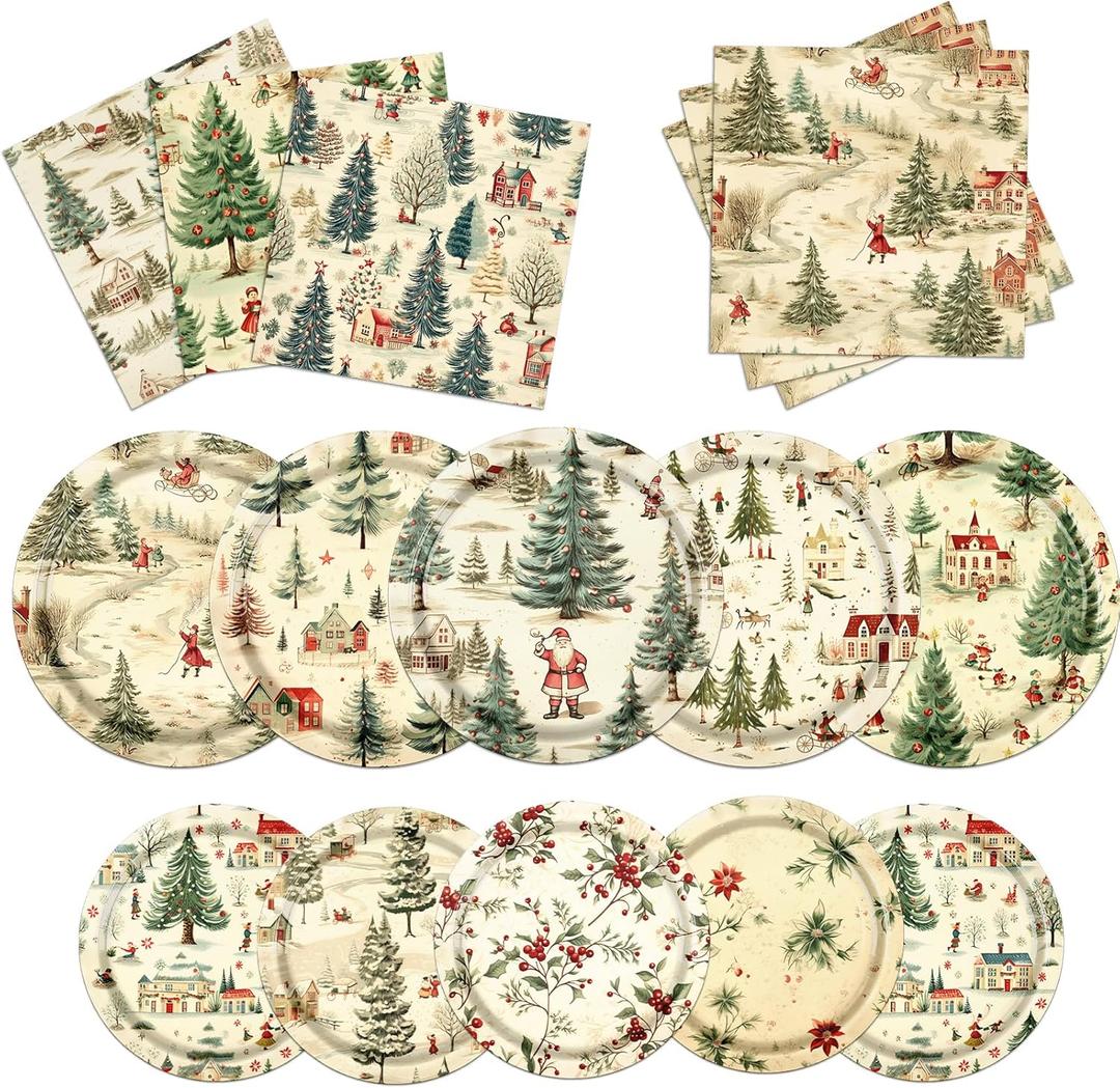 GREHUMOR Vintage Christmas Party Decorations Retro Christmas Paper Plates and Napkins Retro Santa Tree Red Berries Serve 20 for Winter Xmas Holiday Party Supplies