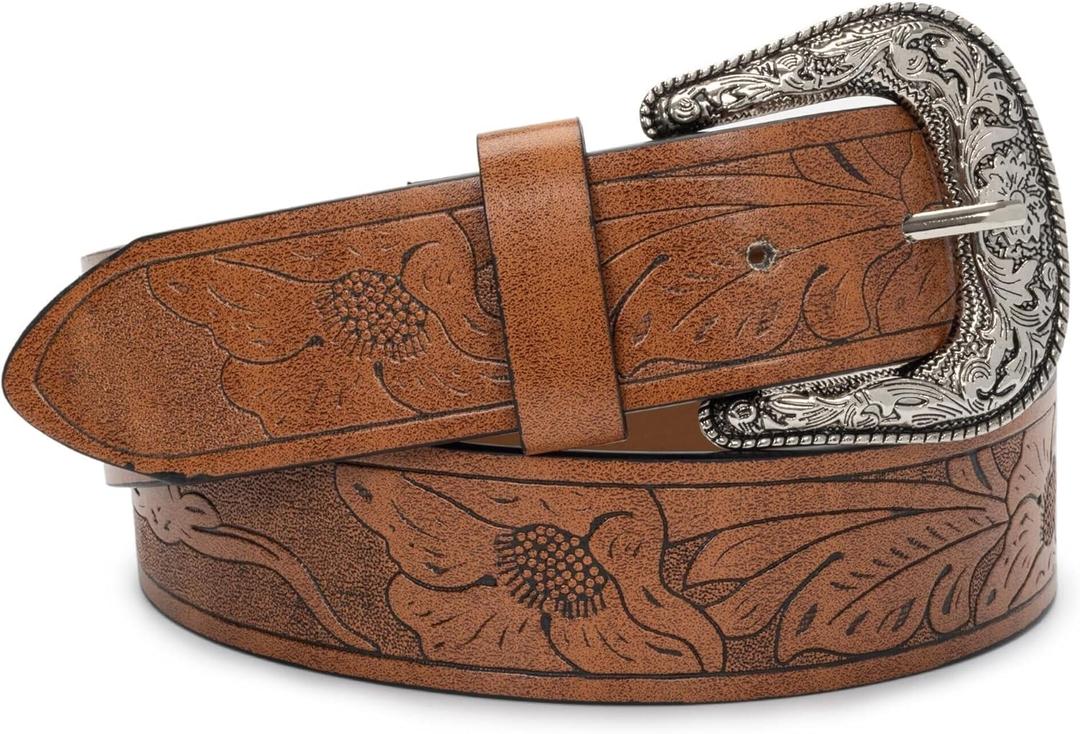 INOGIH Adjustable-Vintage-Western-Cowboy-Belt Women Men - Cowboy-Style Engraved-Buckle Belt for Jeans Pants Dresses One Size (28” to 38”)