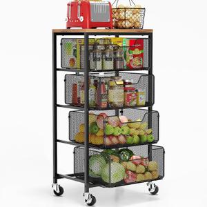 Goovilla Kitchen Cart with Drawers, 4 Tier Metal Rolling Utility Cart Organizer on Lockable Wheels with Wooden Top, Black Fruit Vegetable Storage Rack Also for Cans, Snack, Craft, Art, Office, Beauty