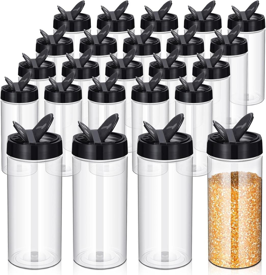 Zhehao 24 Pieces Plastic Spice Containers Plastic Spice Bottles Clear Reusable Large Empty Seasoning Jars with Shaker Lids for Kitchen Storage Seasoning Powder Herbs(16 oz,Cylinder,Clear and Black)
