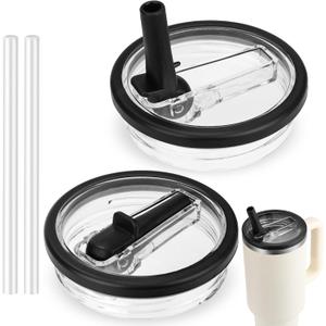 40 OZ Tumbler Flip Straw Lid for Stanley Quencher, Spill Proof Lids Replacemen, Non Spill Straw TOP Cover Replacement Accessories with Brush Black