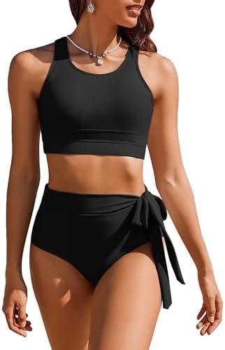 AI'MAGE Womens High Waisted Bikini Set Tummy Control 2 Piece Bathing Suit Modest Racerback Swimsuit 2025 with Tie Side Knot Size L
