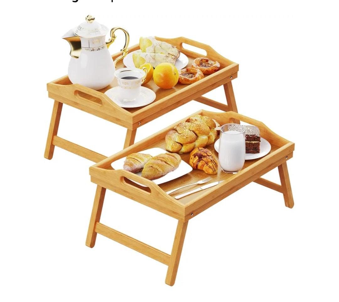 2 Pack Breakfast in Bed Tray for Eating, 16.92 x 12.6 Inch Bed Table Tray with Folding Legs & Handles, Bamboo Food Lap Trays Fits for Adult Kids Eating/TV/Surgery Recovery by Easoger. Set of 2