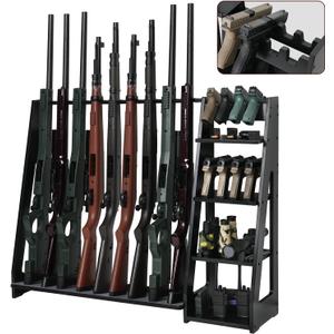 ikkle Gun Rack Floor Rifle Racks with Pistol Rack, Indoor Shotgun Holder for Gun Displaying, Wooden Gun Storage with Soft Pads for 9 Rifles & 8 Handguns