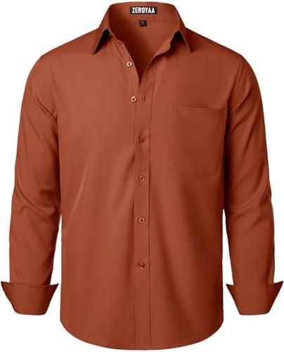 ZEROYAA Men's Regular Fit Dress Shirt Solid Wrinkle-Free Long Sleeve Casual Business Button Up Shirts with Pocket,Large