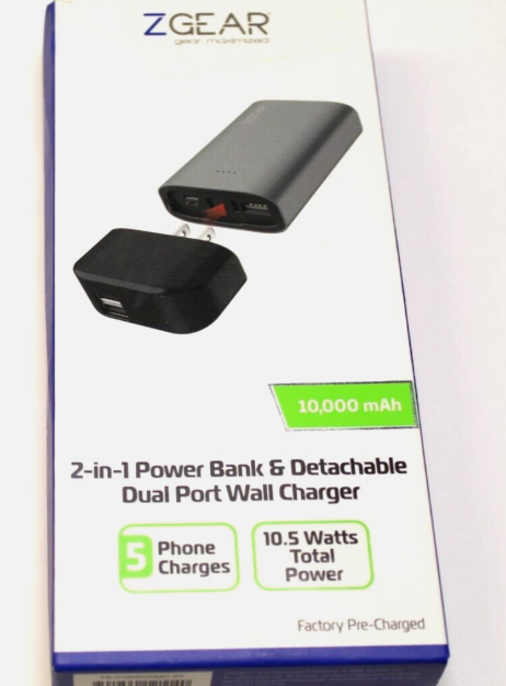 ZGEAR 2-in-1 Power Bank & Detachable Dual Port Wall Charger 10,000mAh High Capacity Power Battery Bank, Black