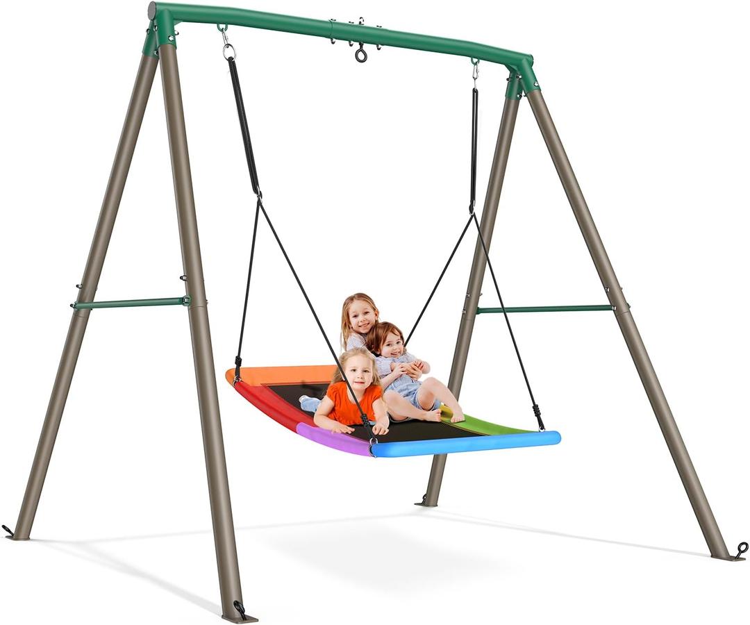 Trekassy Swing Sets for Backyard, 440lbs Heavy Duty A-Frame Metal Stand with 60" Large Platform Swing for Outdoor Playground ParkGreen/Tan
