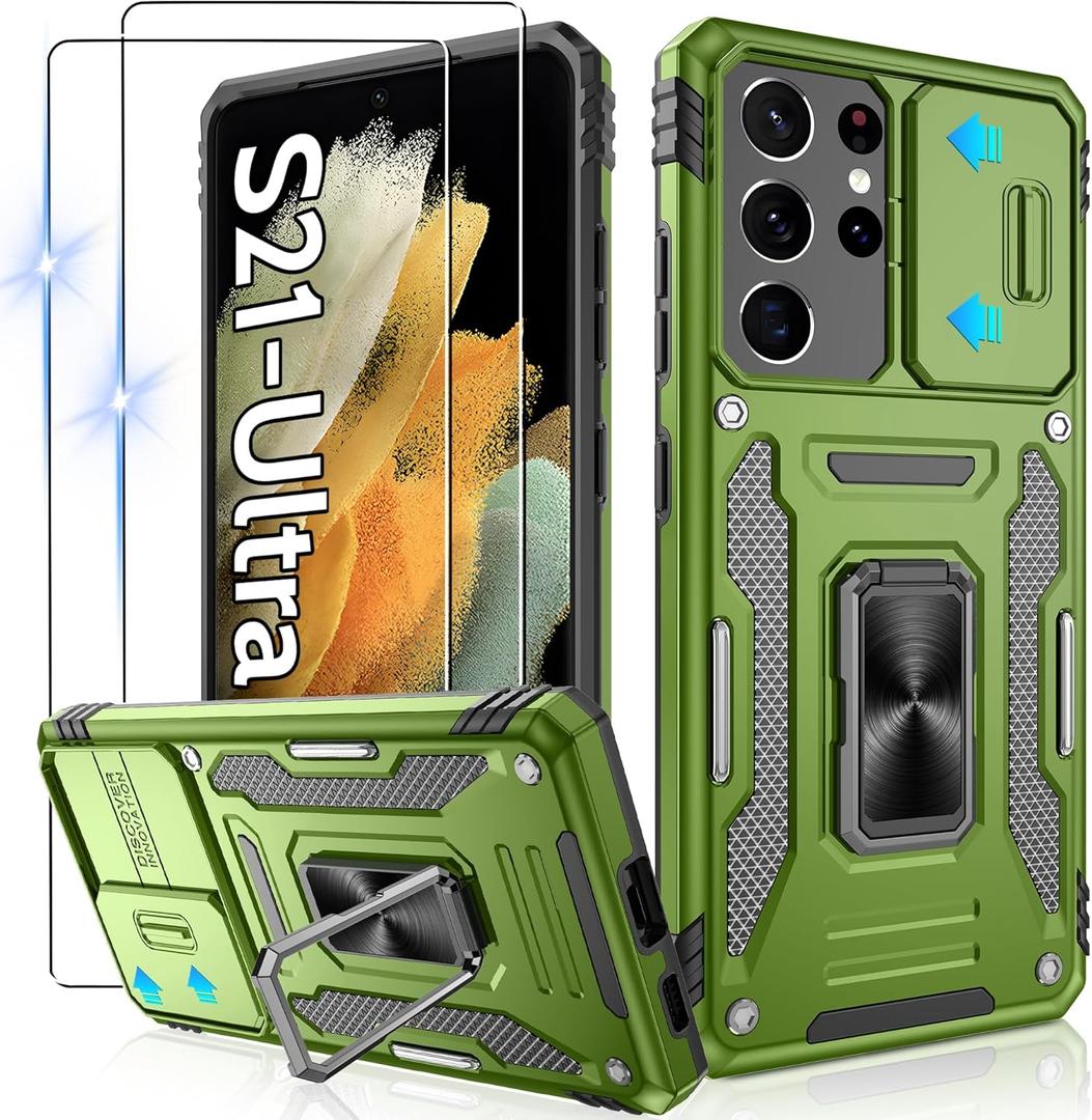 Gritup for Samsung Galaxy S21 Ultra Case with Slide Camera Cover + [HD Screen Protector2], 360 Metal Rotated Kickstand,14FT Military Grade Shockproof ProtectiveCover for Samsung S21 Ultra,Green