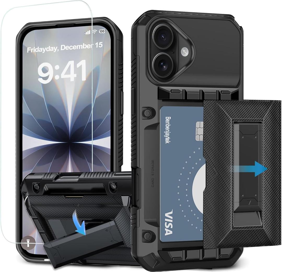 for iPhone 17 Wallet Case with Card Holder, [4 Cards] [Kickstand] [1 Screen Protectors] [Military Grade Protection] Shockproof Phone Case for iPhone 17 6.3 inch (Black)