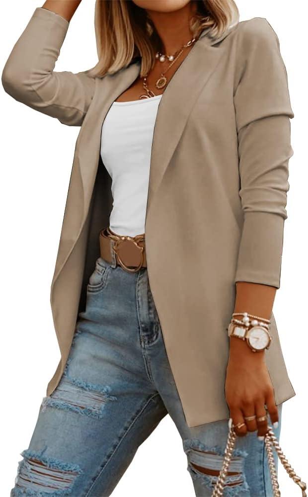 Womens Casual Long Sleeve Blazers Solid Color Knit Blazer Work Office Open Front Blazer Jacket (X-Large, Khaki)