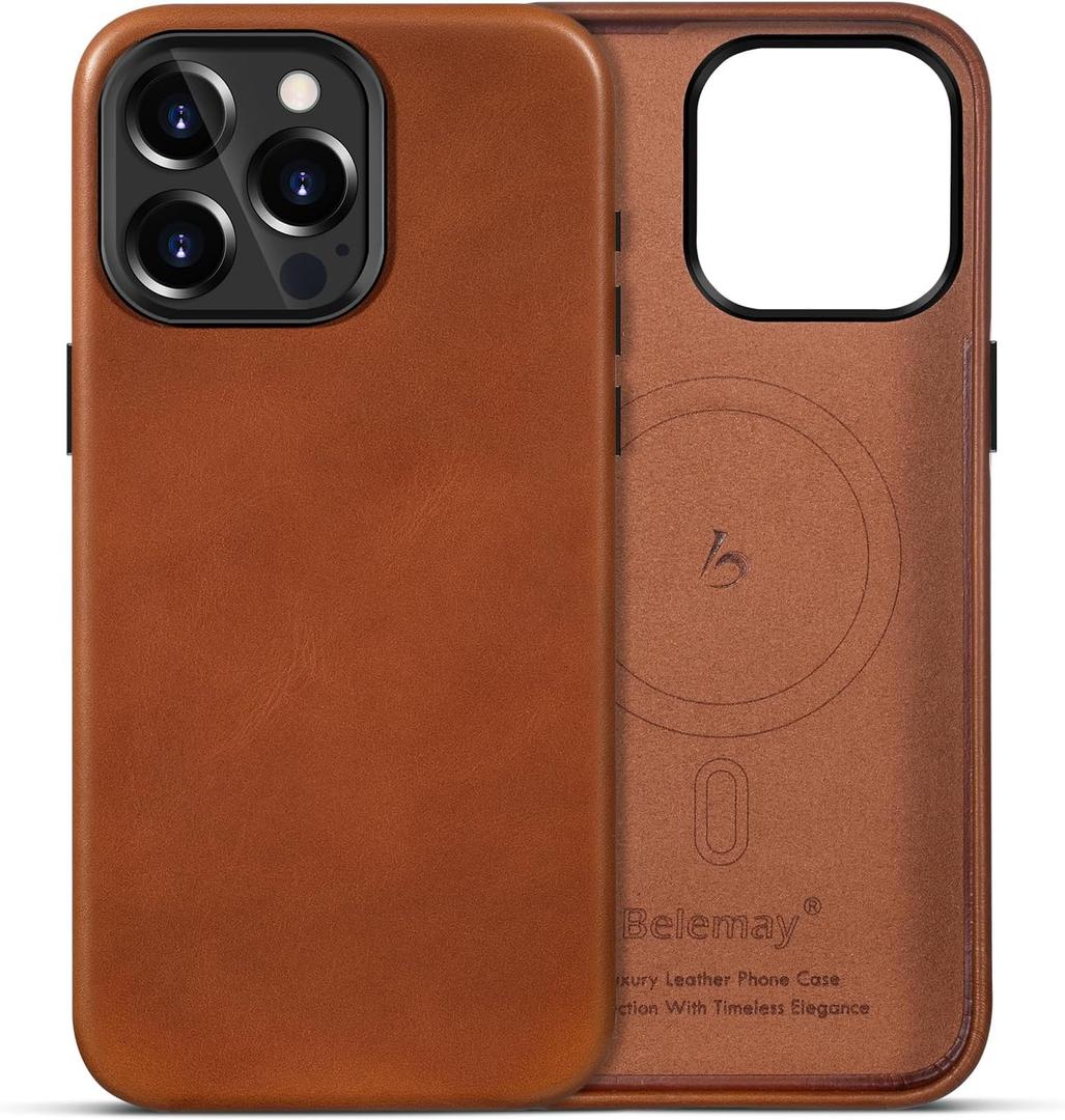 Belemay for iPhone 15 Pro Max Leather Case Compatible with MagSafe, Full-Grain Vegetable-Tanned Leather, Metal Buttons & Camera Bezel - Slim Fit&Sleek- Luxury Phone Cover (6.7-inch)-Saddle Brown