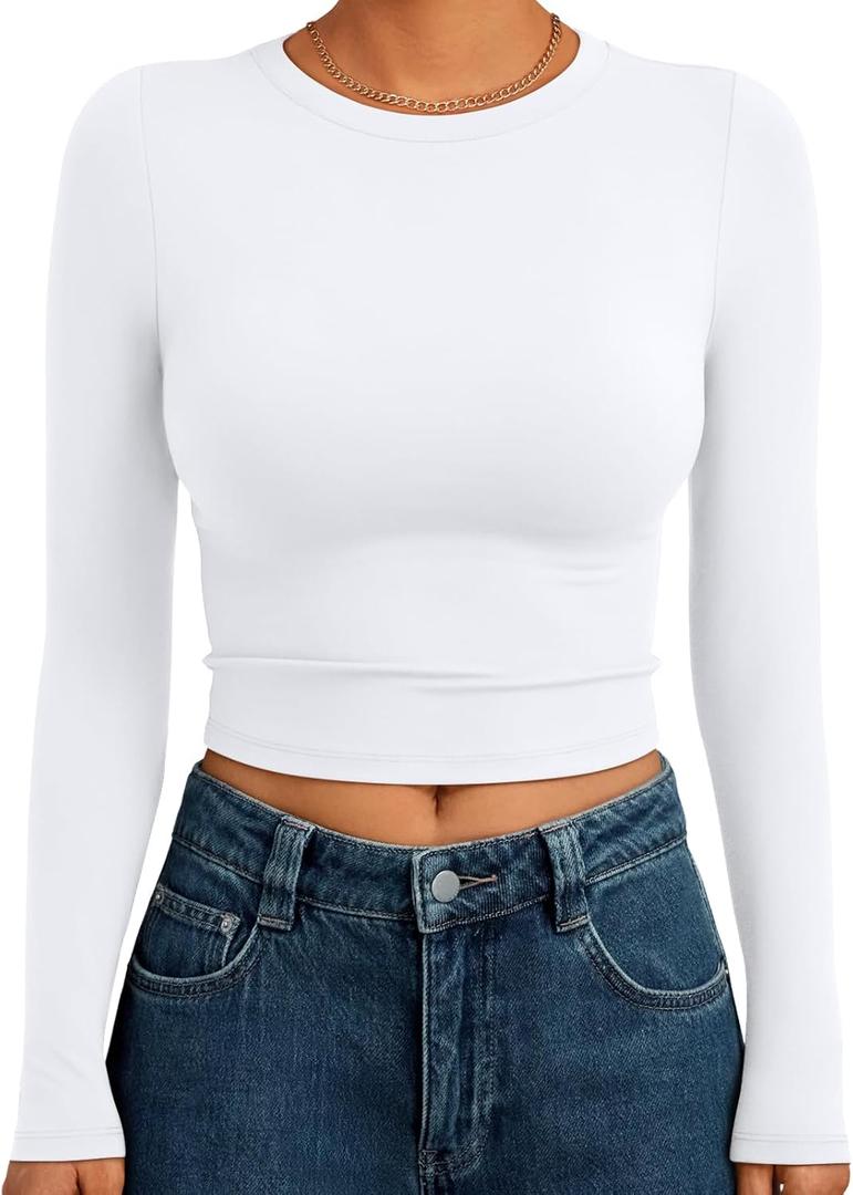 Trendy Queen Womens Long Sleeve Crop Tops Basic Slim Fitted Shirts Spring Fashion Outfits 2026 Teen Girl Clothes (X-Small, White)