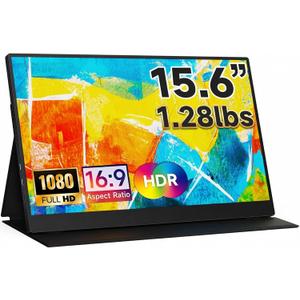 Portable Monitor 15.6 inch Ultra-Light Extended Monitor for Laptop 1080P FHD IPS Build-in Speakers HDMI USB-C Second Screen for Gaming PC mac Phone PS4/5 Switch Xbox with Kickstand Case