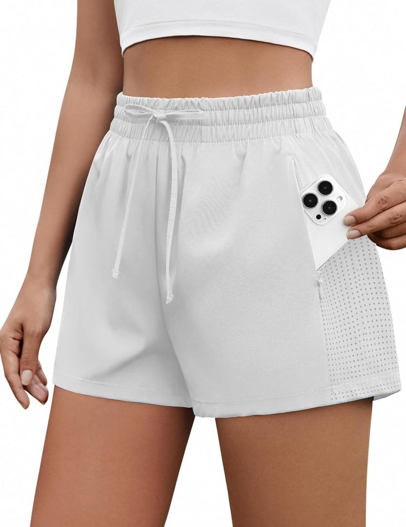 PINSPARK High Rise Athletic Shorts for Women Quick Dry Gym Running Shorts Breathable Outdoor Workout Shorts with Mesh Liner White M (White, L)