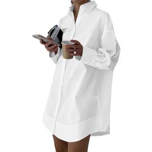 LYANER Women's Casual Shirt Dress Collar V Neck Button Down Loose Long Sleeve Mini Dresses, Large