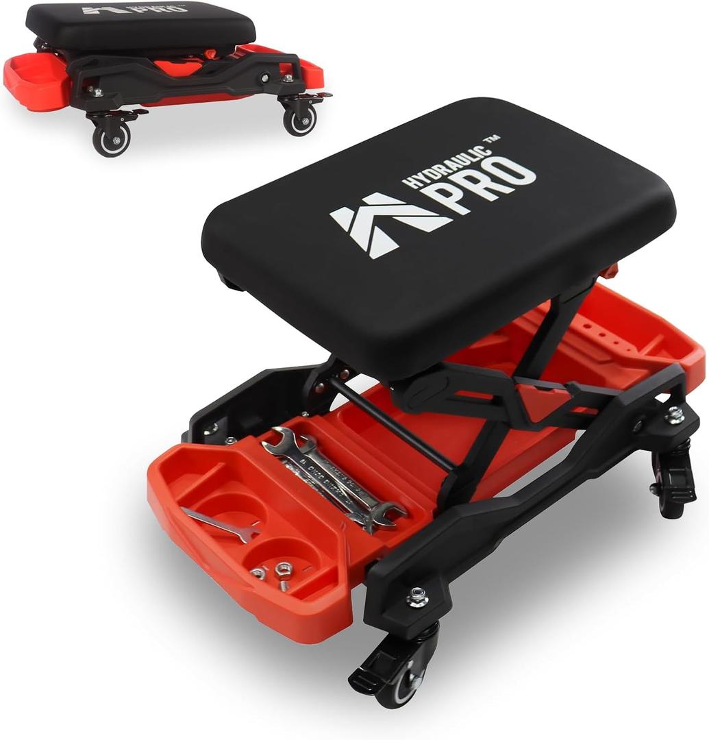 Automotive Creeper Seat with Rolling Wheels, 300 LBS Capacity Mechanic Stool, Heavy Duty Garage Stool with Soft Padded Cushion and Tool Trays, Foldable Design for Easy Storage