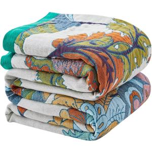 Boho Blanket Soft Muslin BohoThrow Blanket, 100% Cotton Floral Printed Farmhouse Decor All Season Reversible Rustic Throw for Sofa Couch Chair (60"x80")
