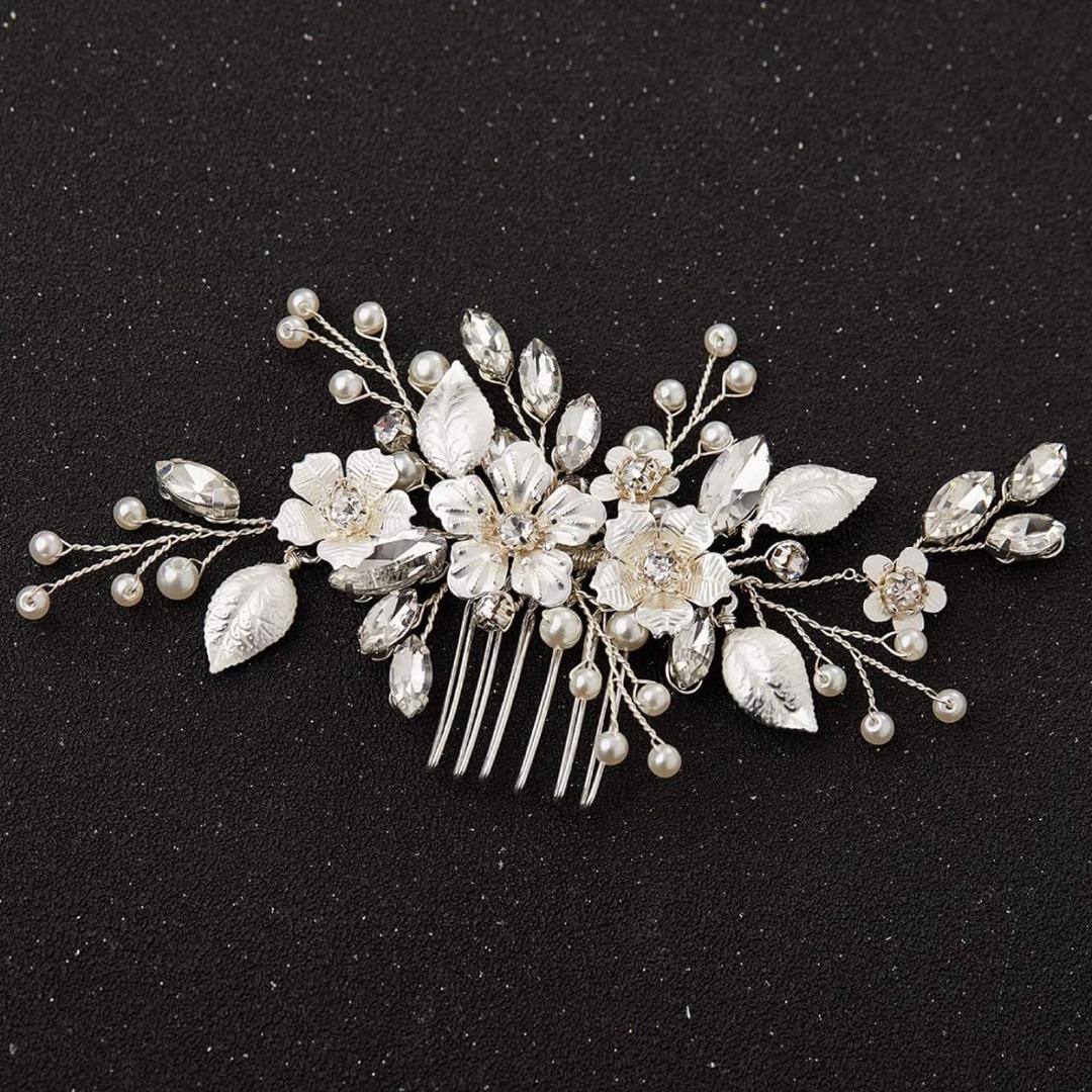 SWEETV Silver Bridal Hair Comb for Wedding Hair Accessories, Handmade with Crystals, Pearls, and Leaves, 4.72 x 2.75 inches, for Brides, Women