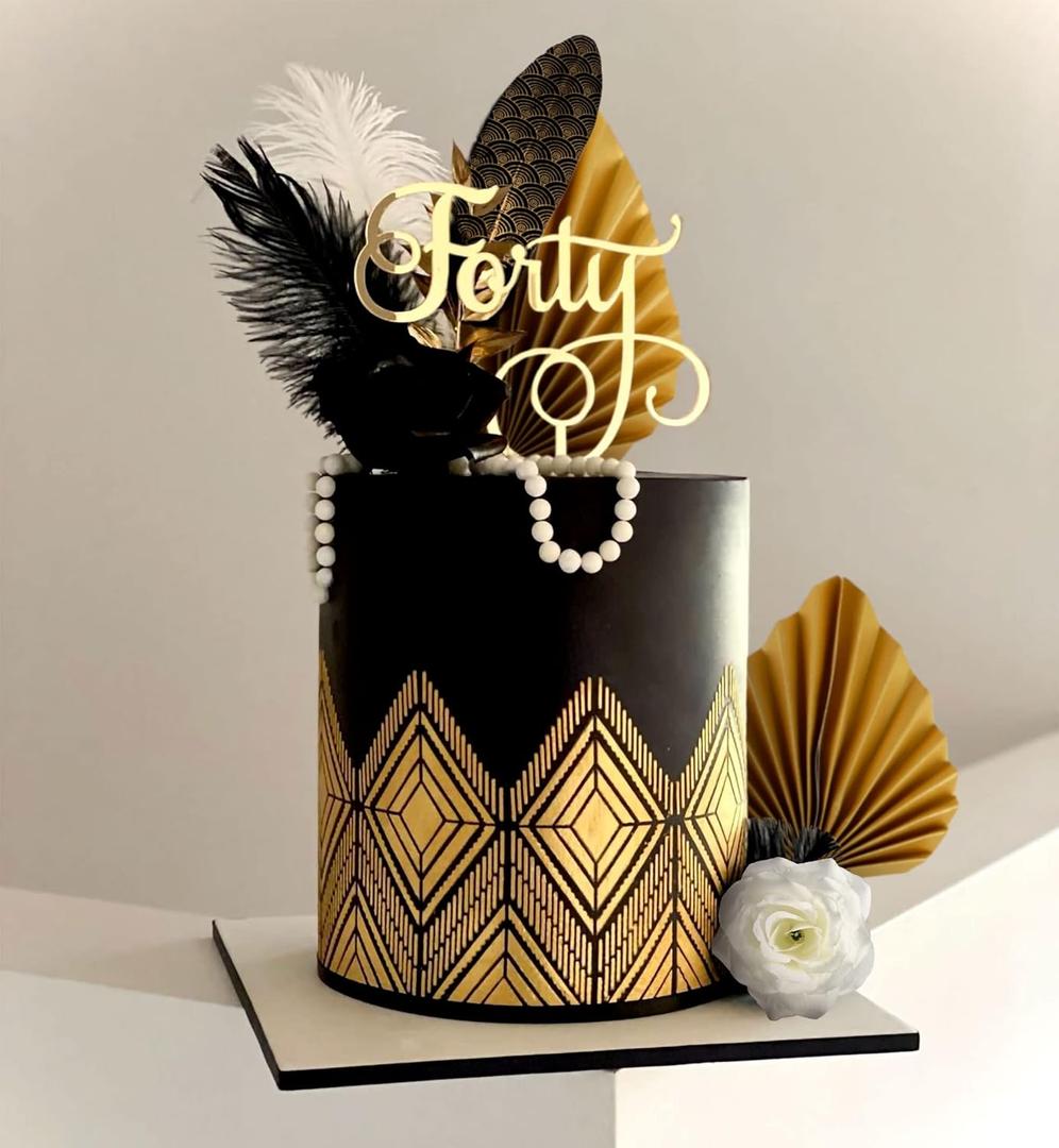 JeVenis Feather Cake Decoration Set - 13 Pieces - Black, White & Gold - Gatsby, 1920s, Formal Event
