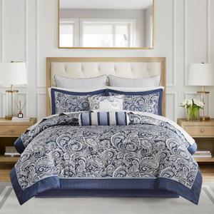 Madison Park Aubrey Cozy Comforter Set, Faux Silk Jacquard Paisley Design - All Season Down Alternative Bedding with Cotton Bed Sheets, Bed Skirt & Toss Pillows, Queen Navy 12 Piece