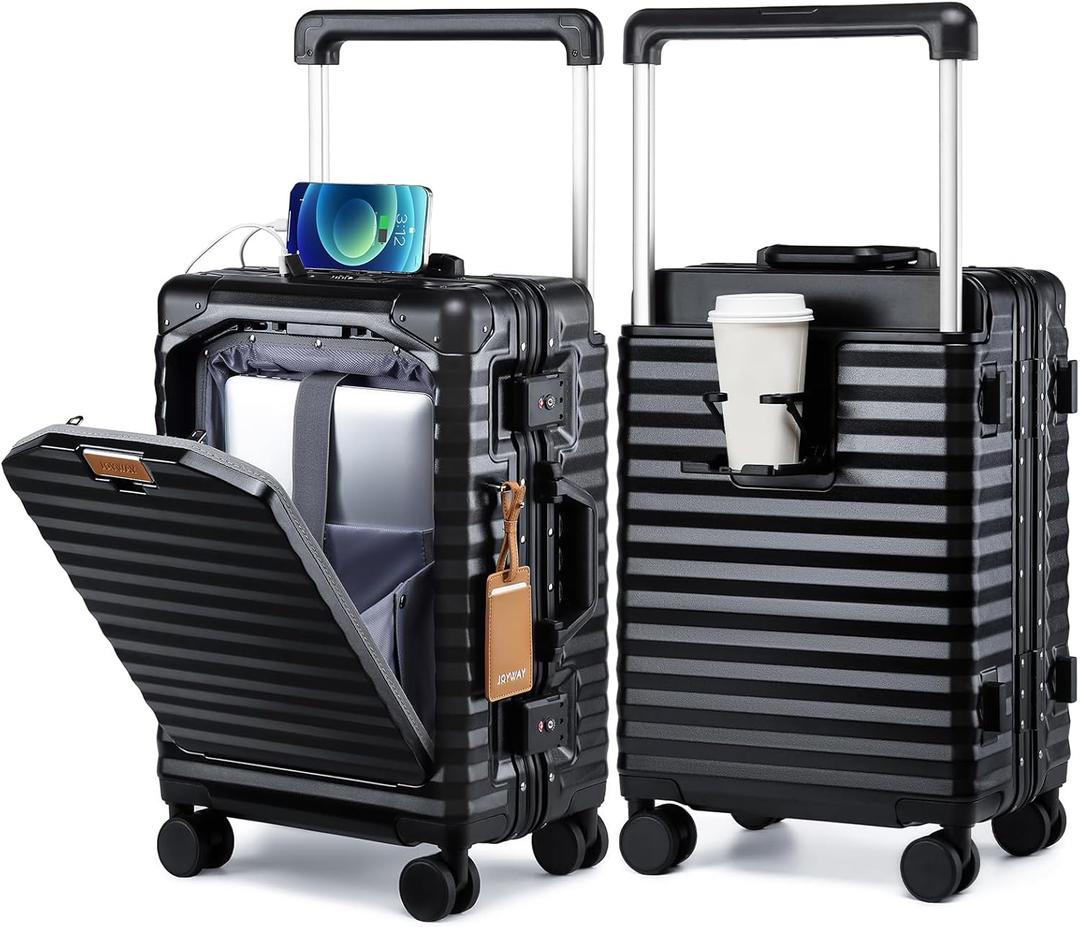 Joyway 20 Inch Carry on Luggage with Aluminium Frame and Front Pocket, PC Hardshell Suitcase with USB Port and Cup Holder, 21.5x14.2x9 Airline Approved, Luggage with Spinner Wheels and TSA Lock (Black) Joyway 20 Inch Carry on Luggage with Aluminium Frame and Front Pocket, PC Hardshell Suitcase with USB Port and Cup Holder, 21.5x14.2x9 Airline Approved, Luggage with Spinner Wheels and TSA Lock (Black)