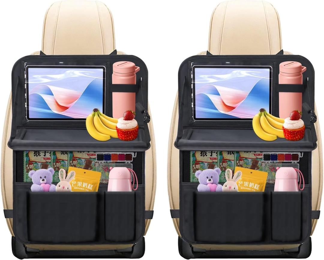 Car Backseat Organizer with Foldable Tray  9 Storage Pockets, Tablet Holder, Kick Mats  Back Seat Organizer for Kids & Adults, Road Trip & Travel Essentials(2-Pack)