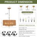 Hand-Woven Rattan Chandelier Vintage Farmhouse Boho Bamboo Golden Chandelier Light Fixture Retro Drum Wicker Gold Chandeliers for Dining Room, Kitchen Island, Living Room