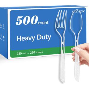 SACATR 500 Count Plastic Silverware Heavy Duty -250 Forks, 250 SpoonsBPA-Free,Heat Resistant Disposable Plastic Spoons Bulk, Solid Durable Premium Cutlery for Parties, Events and Everyday Use