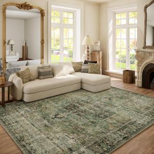 6x9 Area Rugs for Living Room: Washable Bedroom Rug Boho Vintage Rugs Stain Resistant Non Slip Low Pile Soft Lightweight Carpet for Kitchen Dining Room Farmhouse Nursery Kids Room (Black and Green)