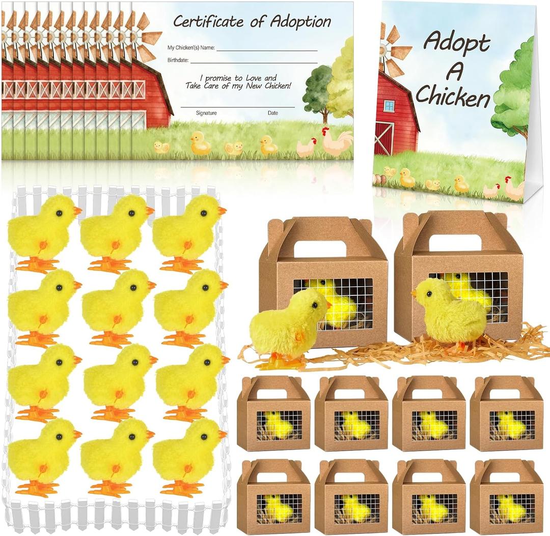 38 Pcs Adopt a Chick Party Favors Mini Plush Stuffed Chicken Include 12 Mini Plush Chicks 12 Foldable Boxes 12 Adopt Cards 1 Adopt Sign 1 Adopt Fence for Adopt a Pet Party (Chick)