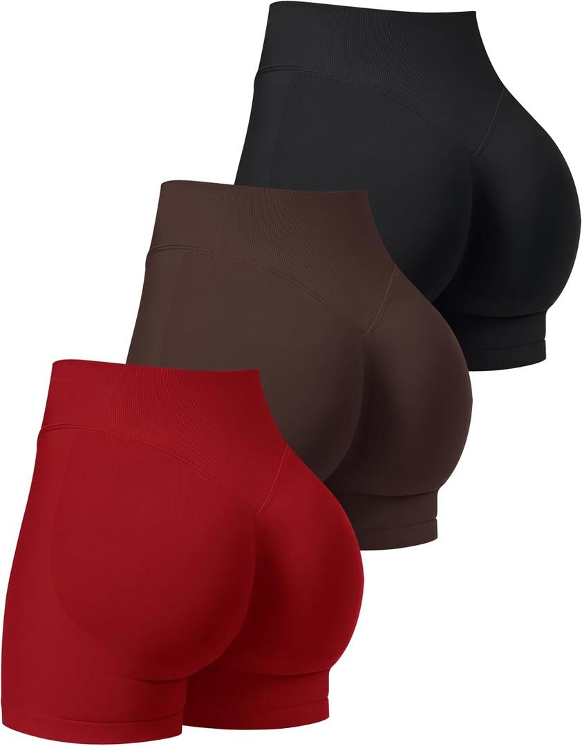 OLCHEE Womens Workout Shorts Seamless Scrunch Butt Lifting 3 Pack Yoga Gym Athletic High Waisted Tummy Control Booty 4.1" Inseam - Black Brown Red Small