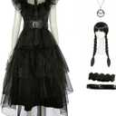 Halloween Women Black Gothic Tulle Cosplay Dress Party Ruffle Layered Prom Dance Costume Belt Necklace (XX-Large)