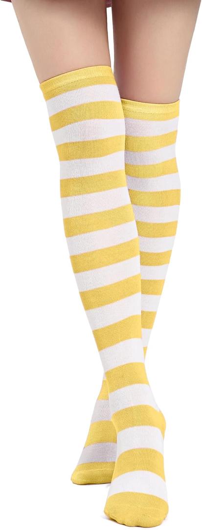 DAZCOS Striped Thigh High Socks Elastic Over The Knee Knit Stockings for Halloween Christmas Daily and Cosplay (One Size, Yellow+white)