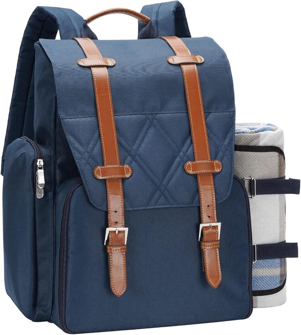 Picnic Backpack for 4 Person with Large Insulated Cooler Bag, Picnic Basket Set with Wine Pouch, Waterproof Picnic Blanket & Cutlery Set. Perfect for, Camping, Party,Wedding Gift for Couple,Blue