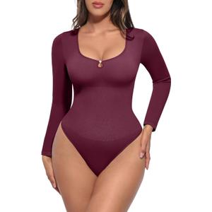 FeelinGirl Long Sleeve Shapewear Bodysuit for Women - Tummy Control Body Suits Seamless Thong Round Neck Body Shaper