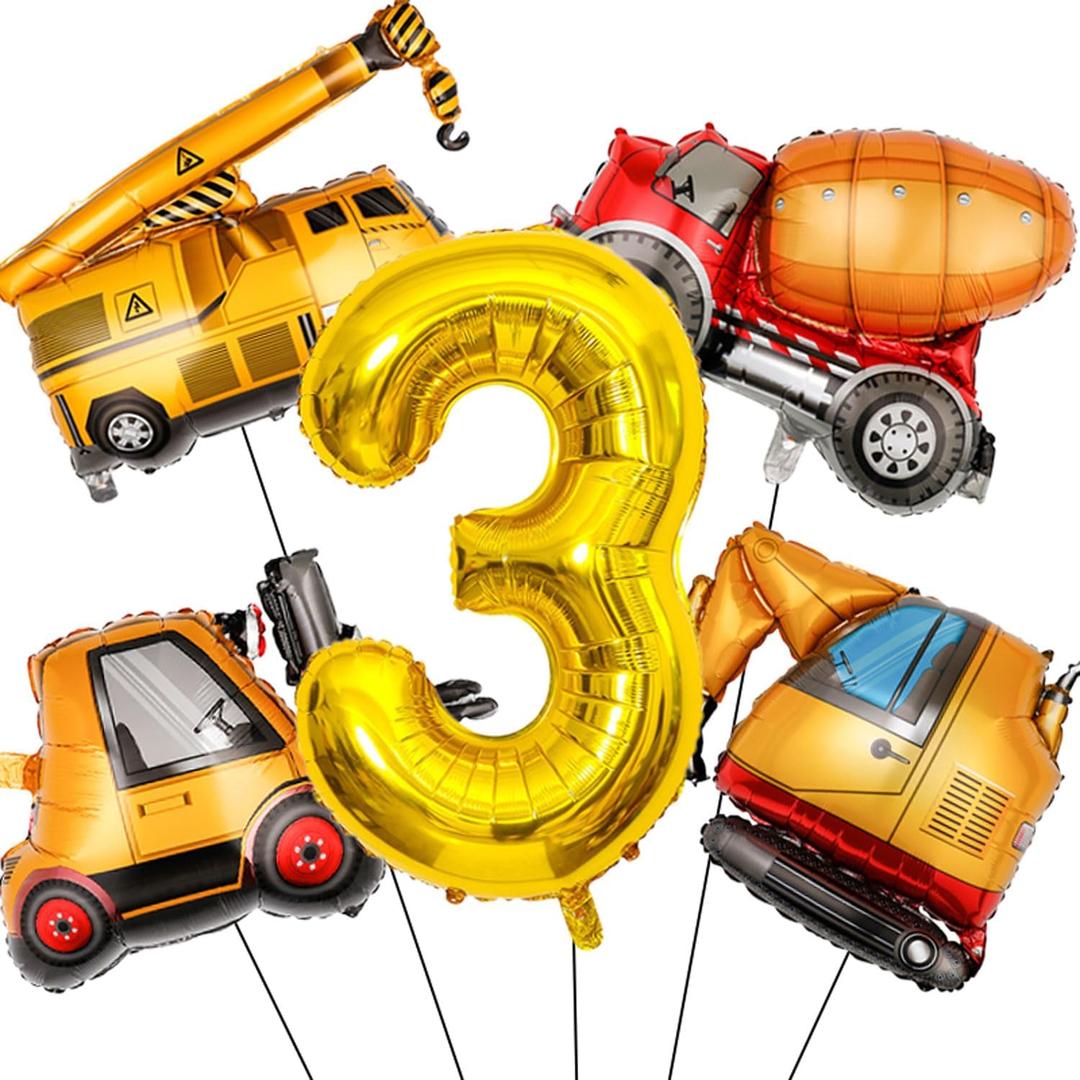 Construction Birthday Party Supplies 3 Year Old, Large Construction Balloons 40Inch Gold Number 3 Balloon Construction Truck Foil Balloons for Boys 3rd Construction Birthday Party Decorations