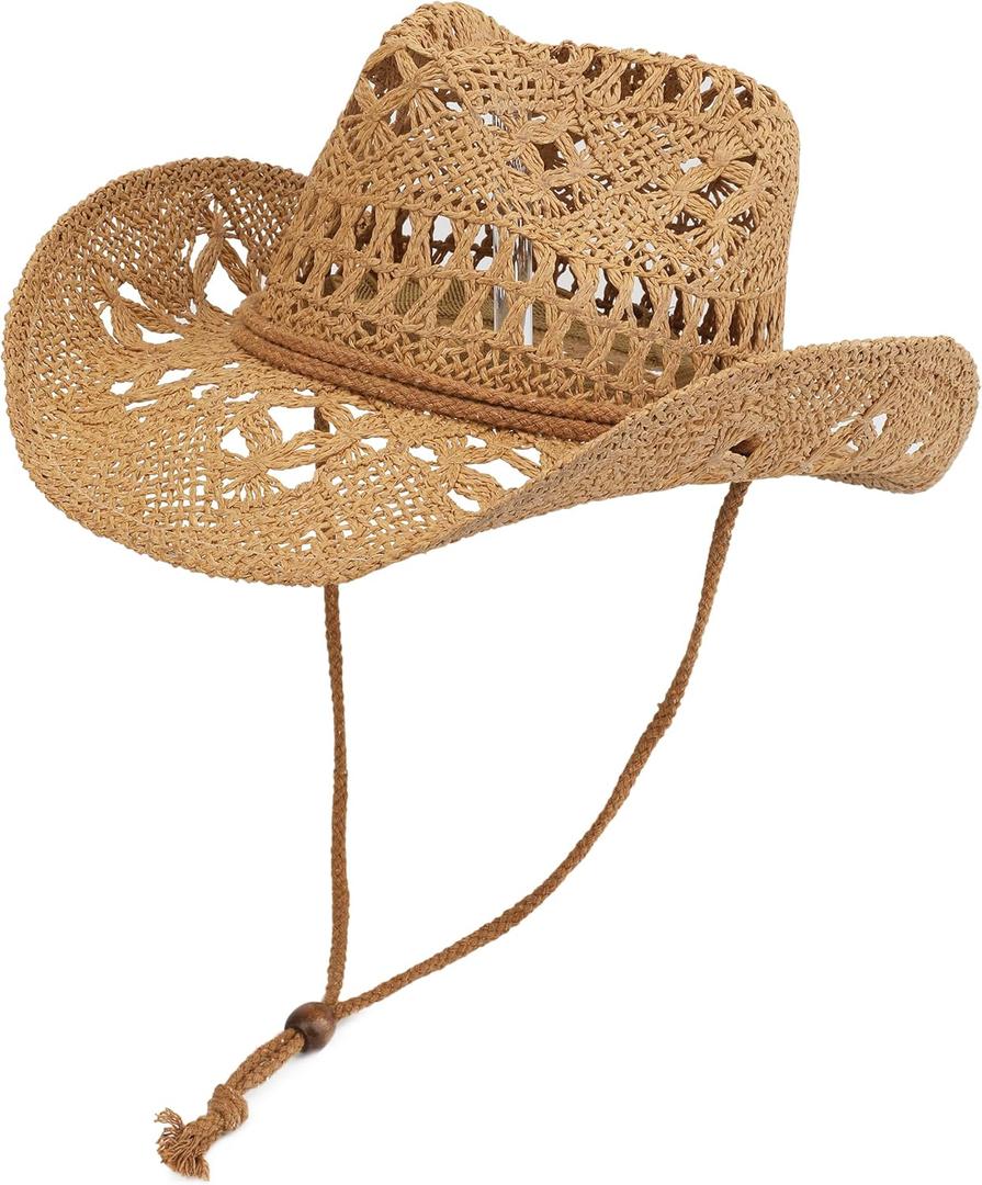 Straw Cowboy Hat for Women and Men with Shapeable Wide Brim Sun Beach Western Cowgirl Hat (One Size, Khaki)