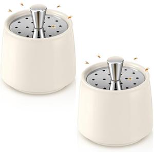 Ceramic Fruit Fly Trap for Indoors, Reusable Kitchen Fly Catcher with Stainless Steel Vent Lid, Uses Safe & Natural Vinegar Bait Trap, Dishwasher Safe, Easy to Use(White,2 Pack)
