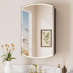 Keonjinn Medicine Cabinet 16 x 26 Inch, Surface Mount or Recessed Cabinets with Mirrors, Gold Metal Framed Wall Mirror with Storage, 2 Adjustable Shelves, Beveled Edge Frame