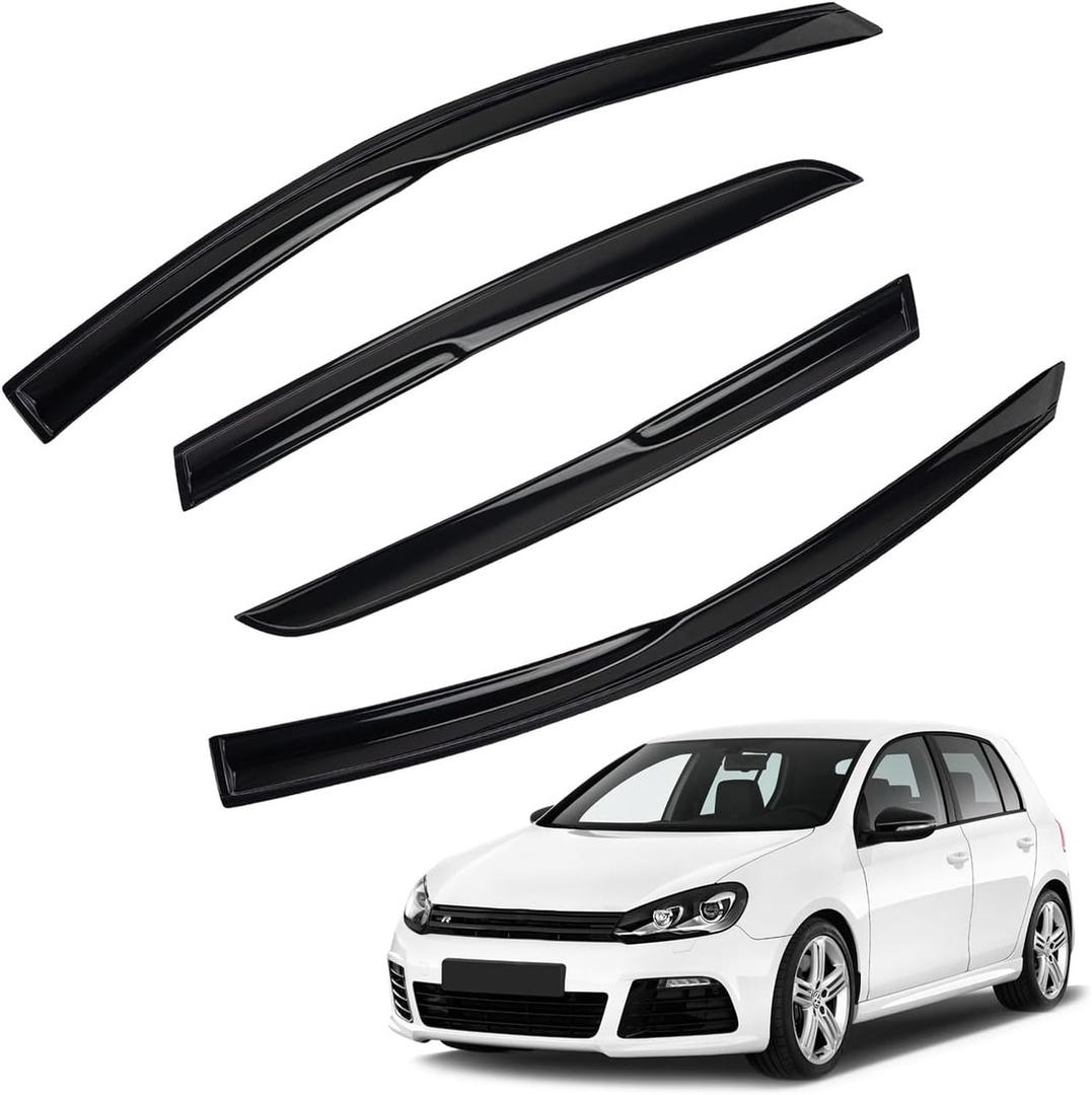 4pcs 3D Wavy MU Style Window Visors Compatible with 2010-2014 VW Golf R GTI MK6 4-Door Hatchback, Front+Rear Left+Right Outside Mount Type Dark Smoke Tint Tape-On Side Sun Rain Guards Set of 4