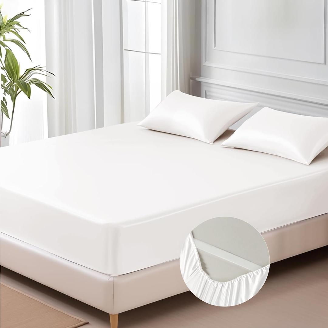 Queen size. Smooth satin fitted sheet with a soft, shiny finish. Stays in place with elastic edges and adds a clean, elegant look to the bed.