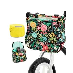 ANZOME Kids Bike Basket, Black Floral Bicycle Handlebar Bag with Waterproof Cover, Durable Nylon Front Basket for Boys and Girls, Easy Install, Large Storage Space, Gift for Holidays