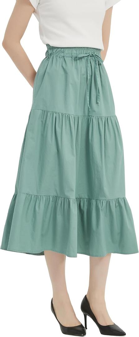 Tronjori Womens A Line Long Midi Denim Skirt Tired Layers with Drawstring | High Waist Skirt ,Elastic Waistband,Front DrawstringSuitable for Spring Summer and Fall Seasons (Green, XL)