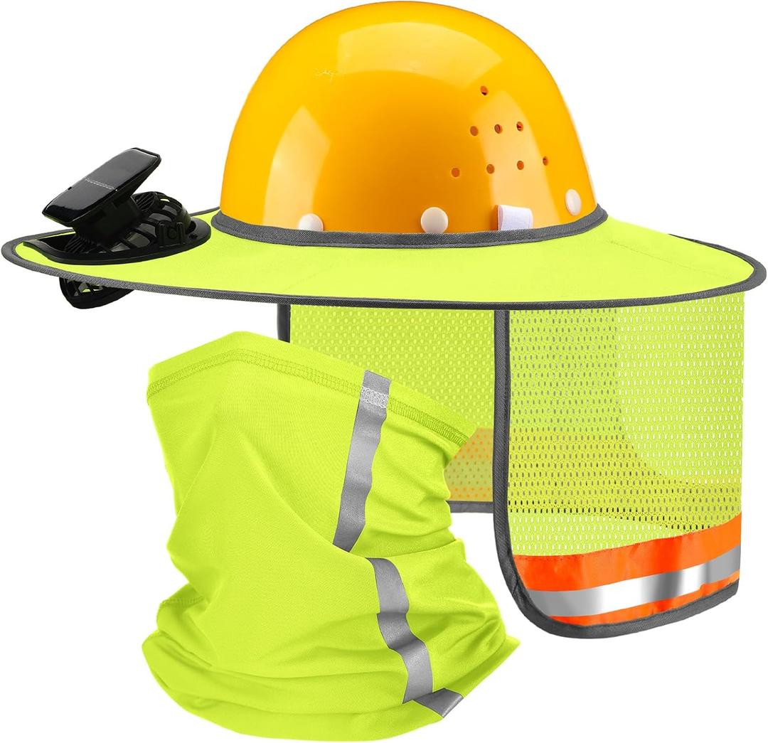Solar Fan Hat Sun Shade Full Brim Hard Hat Shade Reflective Neck Sunshade 2-in-1 Cooling Neck Gaiter Outdoor Safety Accessories for Construction Hiking Cycling (Fluorescent Yellow)