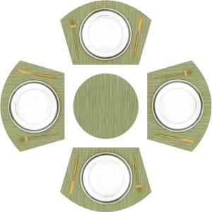 SHACOS Large Size Wedge Shape Placemats with Centerpiece Round Mat Set of 5 Round Table Place Mats Washable Dining Table Placemats Reversible, Green (4 pcs 13.7"x19.6" Wedge+ 1 pc 14" Round)