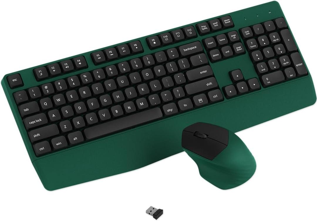 Wireless Keyboard and Mouse Combo, Ergonomic Keyboard with Wrist Rest, 2.4Ghz Wireless Connection, Compatible with PC/Laptop/Windows/Mac for Home and Office Use (Black Green)