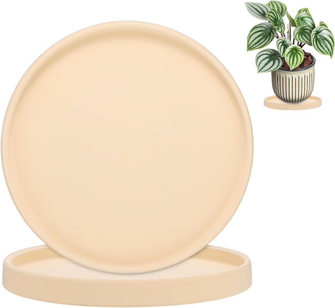 2-Pack Plant Saucers, 7.3 Inch ID Anti-Rot Root Ceramic Flower Pot Plant Saucers for Indoor/Outdoor, Round Flowerpot Drip Tray [7.9 Inch OD, Unglazed]