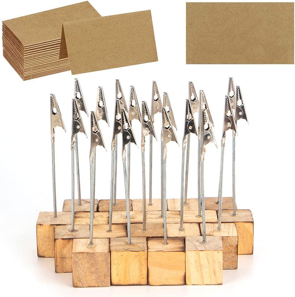20 Pcs Wood Place Card Holders and 30 Pcs Kraft Place Cards, Photo Holders for Table, Rustic Wood Table Picture Number Holder Stand with Memo Clips for Wedding Party Name Sign