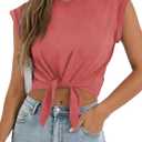 SOFIA'S CHOICE Women Summer Tie Front Crop Tops Crewneck Cap Sleeve Ruched T-Shirt Tops Red X-Large (XL)
