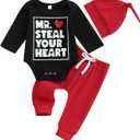 Twopumpkin Easter Baby Boy Outfit Newborn Long Sleeve Bunny Lamb Onesie Romper+Pants+Hat Infant Toddler Clothes Set (6-12 Months, Mr Steal Your Heart Black)